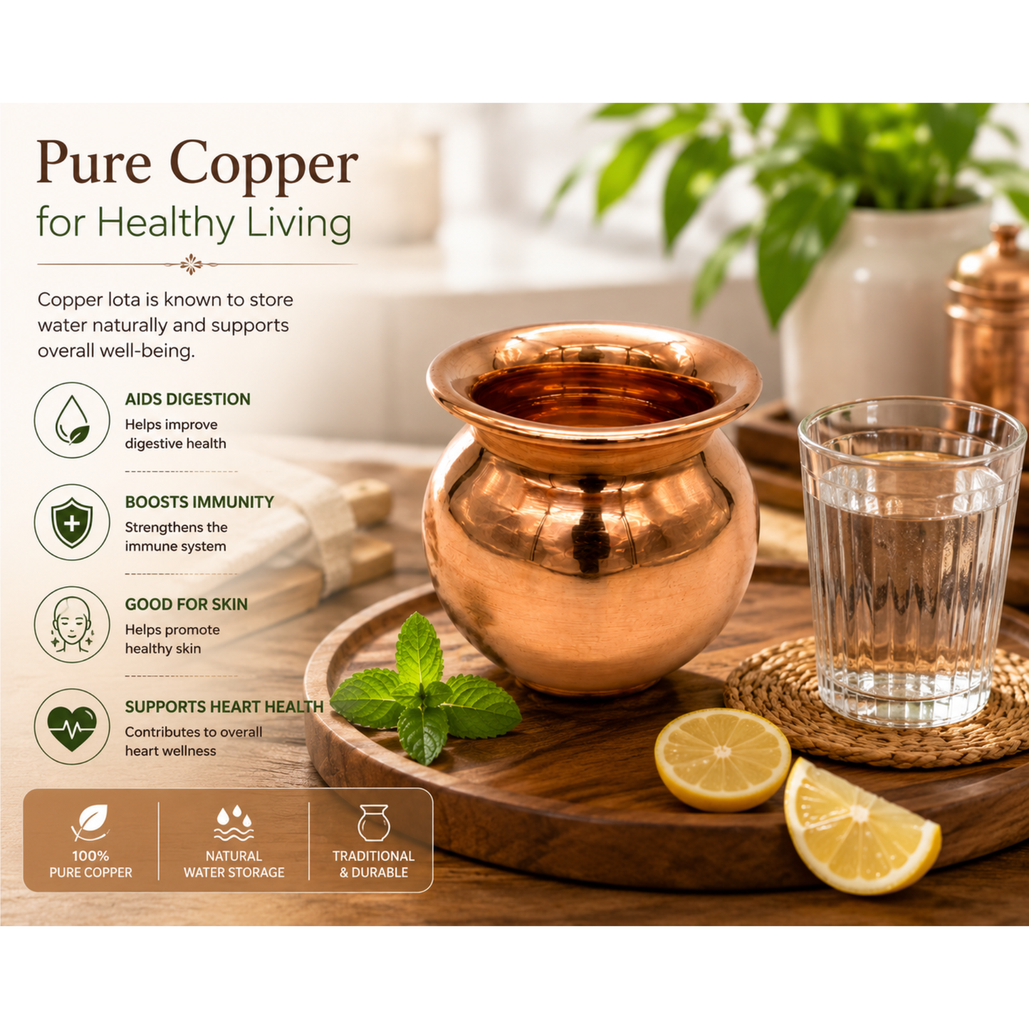 Copper Lota Kalash for Puja, Prayer & Copper Water Pot for Hindu Rituals