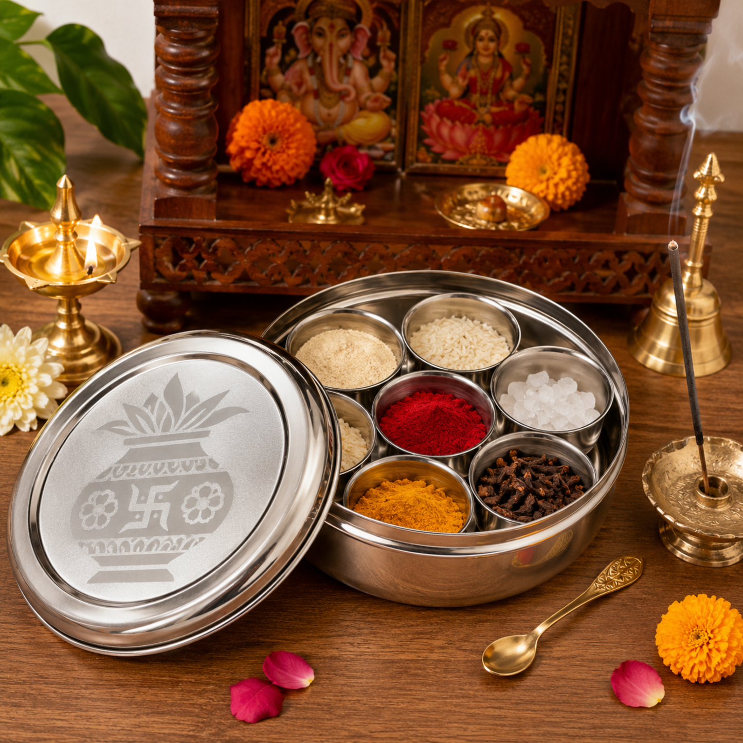 Stainless Steel Pooja Box with 7 Removable Katoris & Engraved Lid