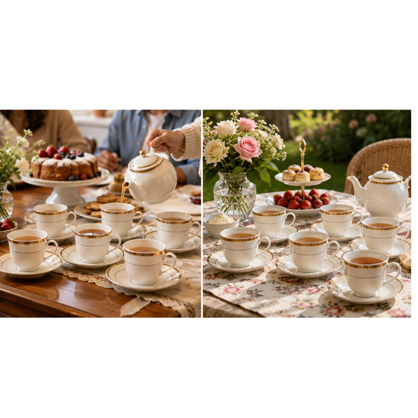 12 Piece Porcelain Tea Set Gold Cream, 6 Tea Cups & 6 Saucers