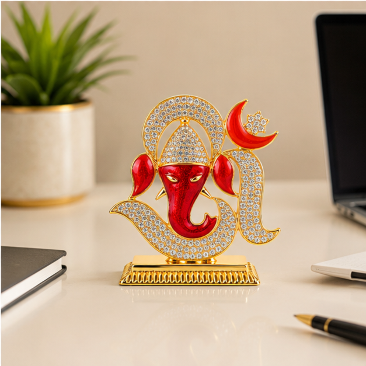 Ganesh Ji Decorative Idol with Om Design, Crystal Stone Detailing & Gold Colour Finish