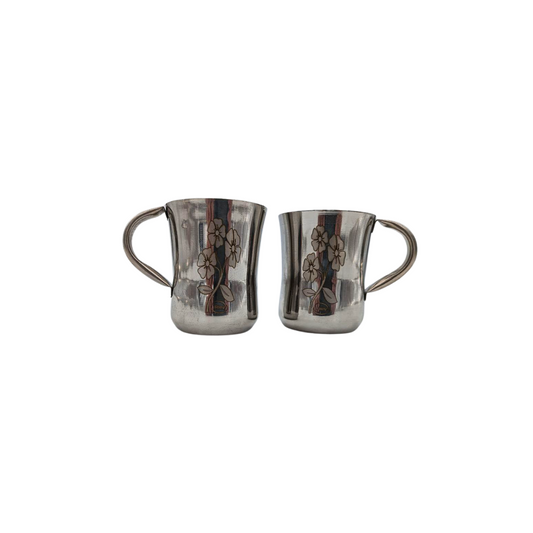 Set of 2 Stainless Steel Tea Mugs with Handle and Floral Design