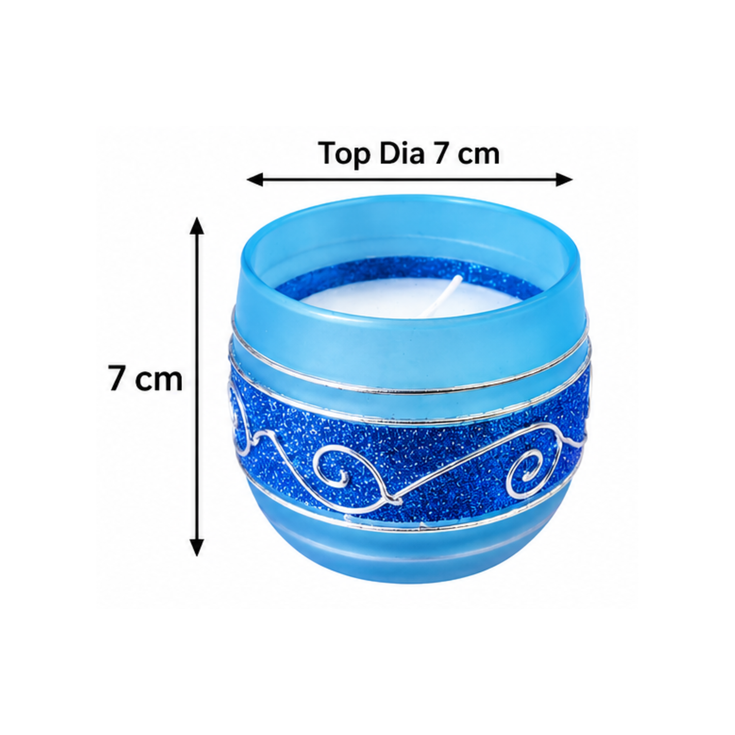 Decorative Blue Glass Wax Candle Diya, 7cm Round Festive Candle for Diwali