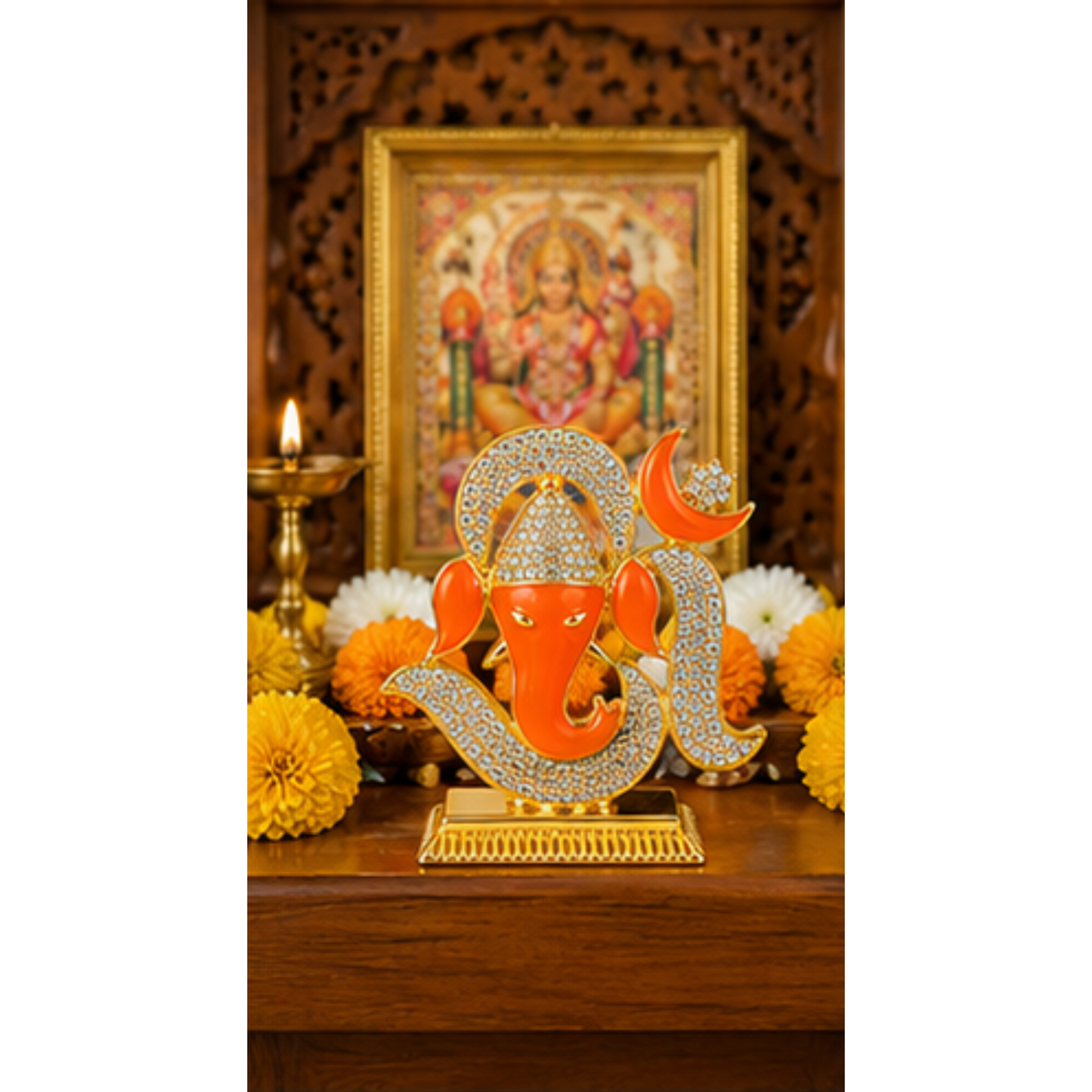 Ganesh Ji Decorative Idol with Om Design, Crystal Stone Detailing & Gold Colour Finish