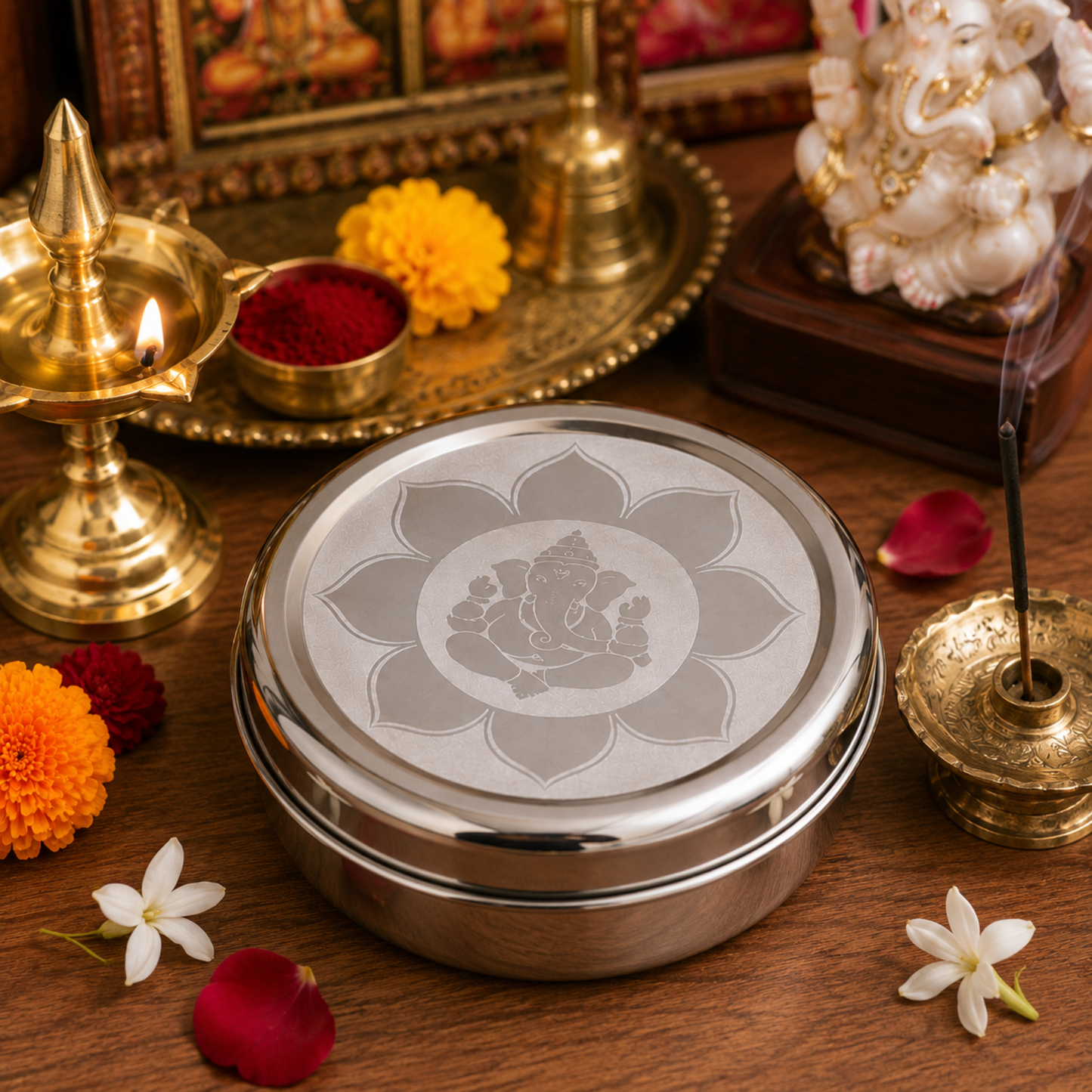 Stainless Steel Pooja Box with 7 Removable Katoris & Engraved Lid