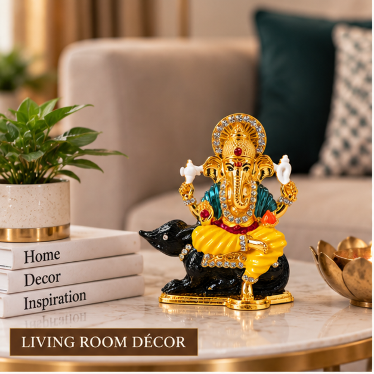 Metal Ganesh Ji Idol on Mouse with Crystal Stone Detailing, Decorative Hindu Ganesha Murti Statue for Car Dashboard