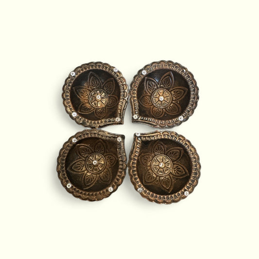 Set of 4 Hand-Painted Brown Diyas with Floral Design and Silver Detailing