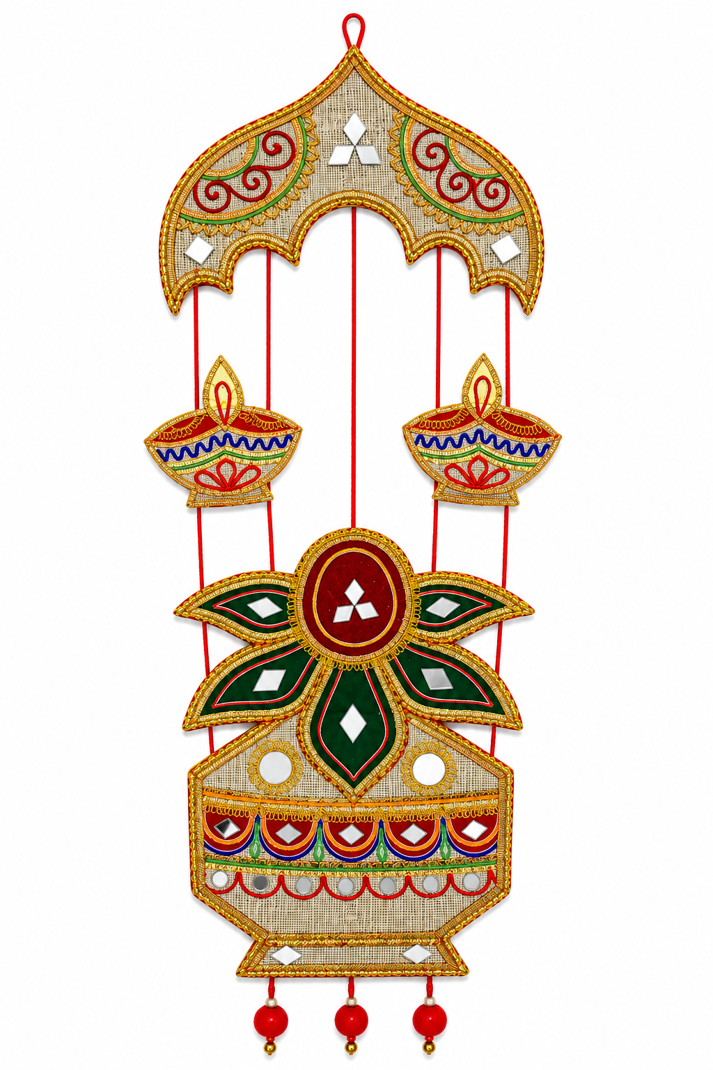 Handmade Ethnic Wall Hanging with Kalash Diya Motif & Mirror Work (70cm x 25 cm)