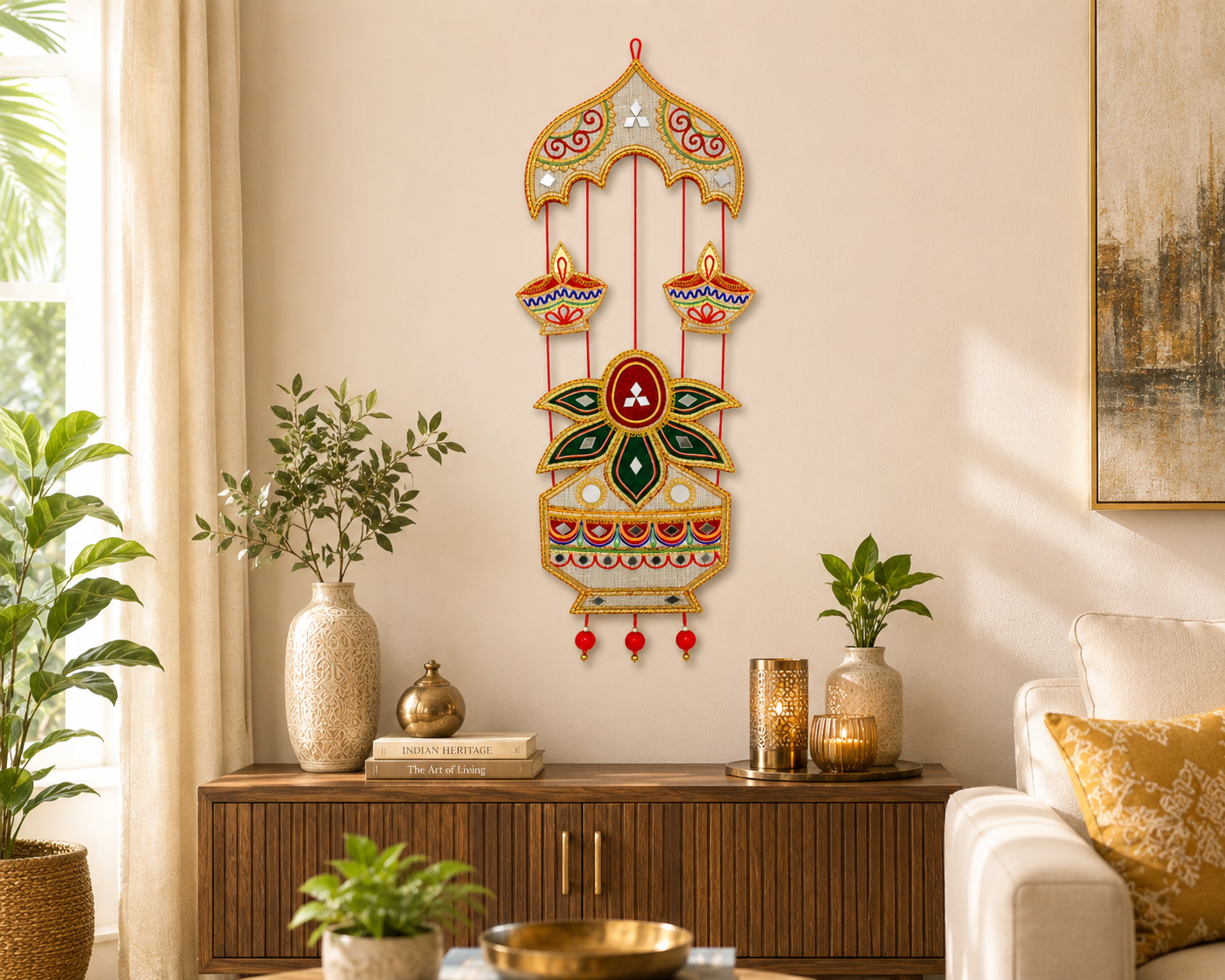 Handmade Ethnic Wall Hanging with Kalash Diya Motif & Mirror Work (70cm x 25 cm)