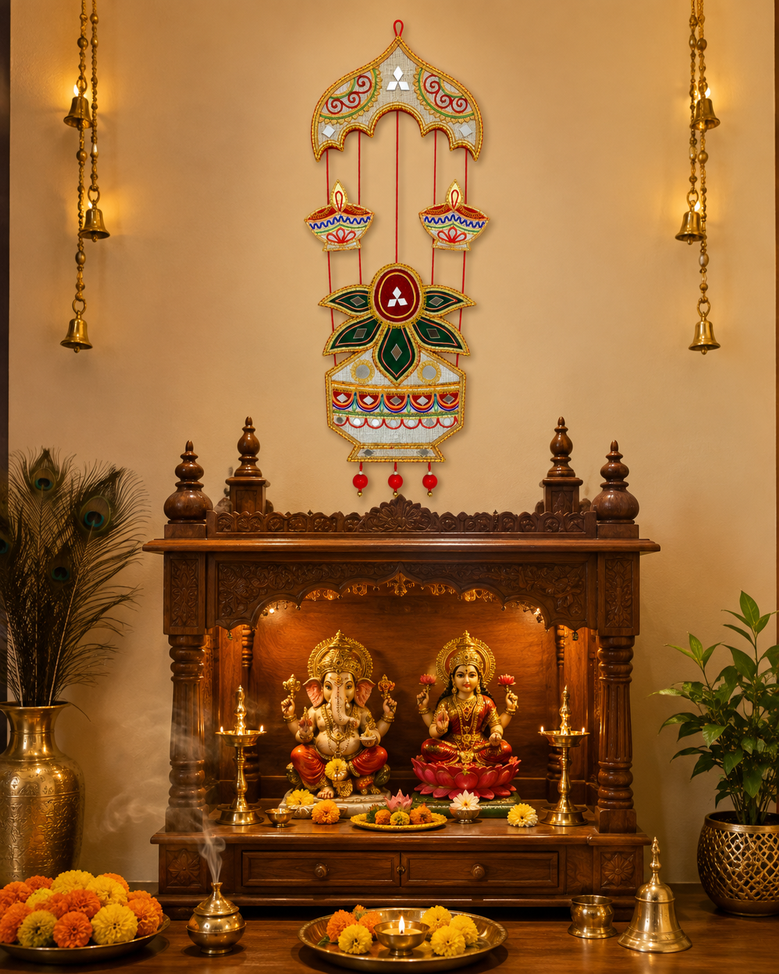 Handmade Ethnic Wall Hanging with Kalash Diya Motif & Mirror Work (70cm x 25 cm)