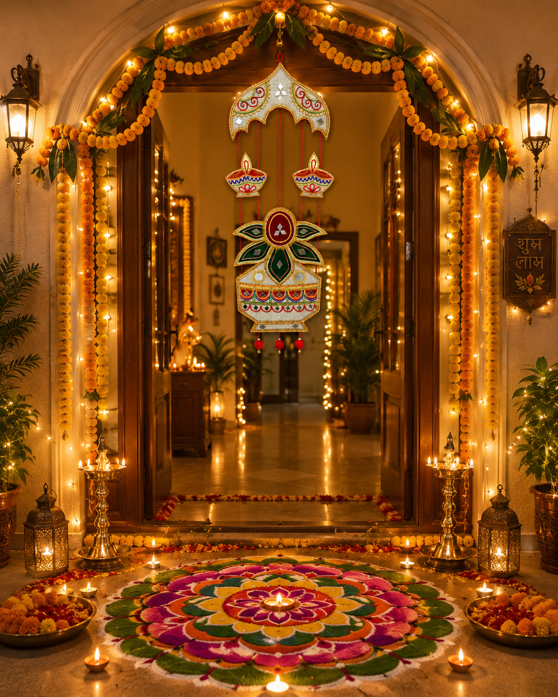 Handmade Ethnic Wall Hanging with Kalash Diya Motif & Mirror Work (70cm x 25 cm)