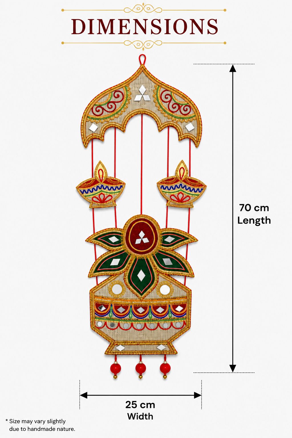 Handmade Ethnic Wall Hanging with Kalash Diya Motif & Mirror Work (70cm x 25 cm)