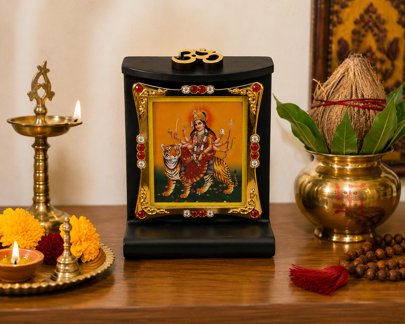 Durga Ma Wooden Photo Frame with Om Symbol 8x6cm Mandir Temple Home Office Decor