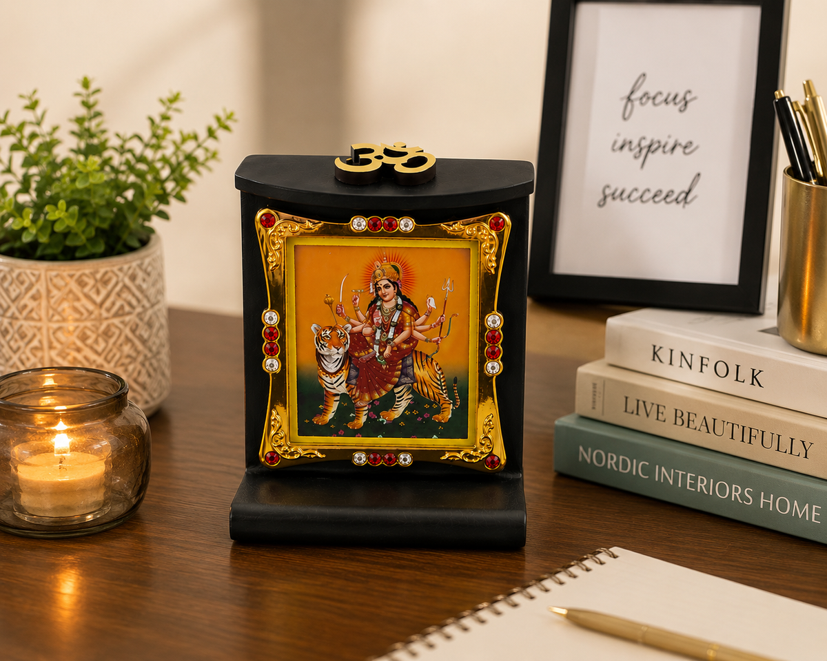 Durga Ma Wooden Photo Frame with Om Symbol 8x6cm Mandir Temple Home Office Decor