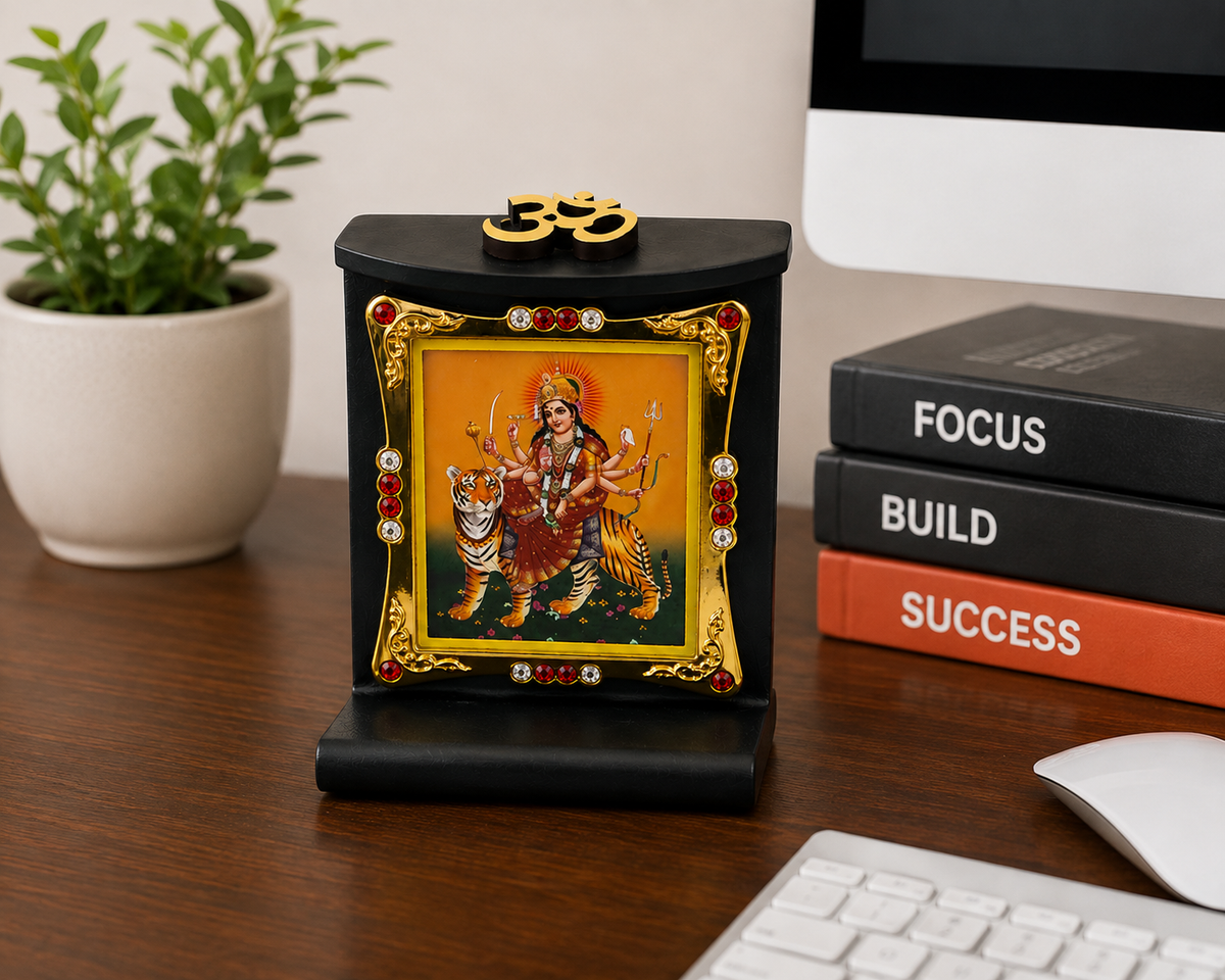 Durga Ma Wooden Photo Frame with Om Symbol 8x6cm Mandir Temple Home Office Decor