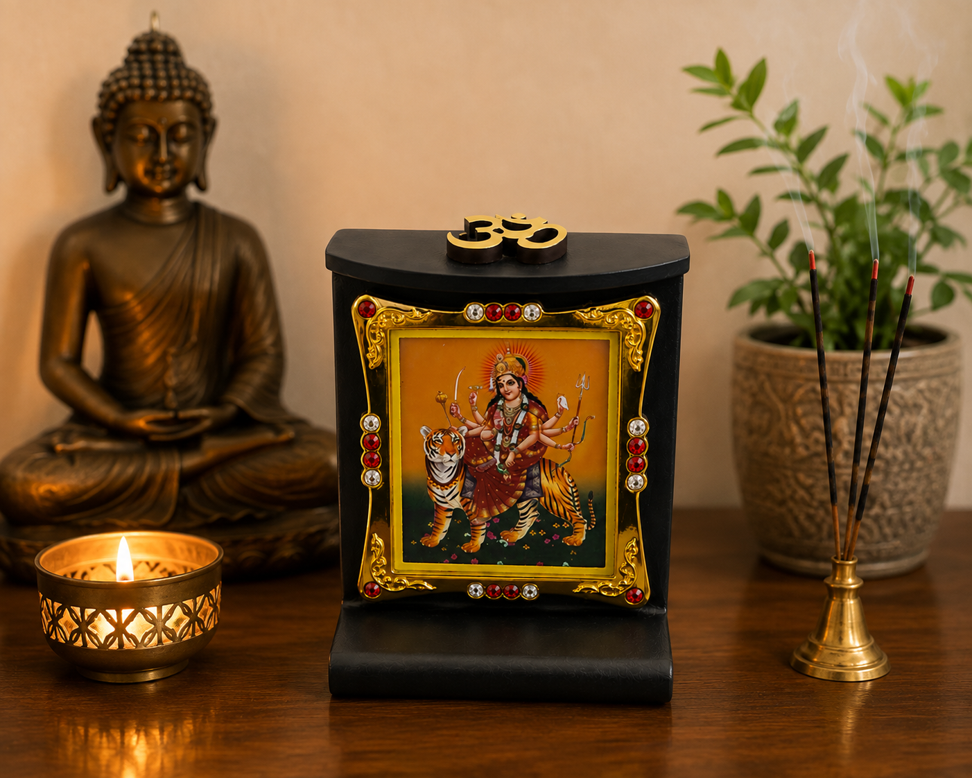 Durga Ma Wooden Photo Frame with Om Symbol 8x6cm Mandir Temple Home Office Decor