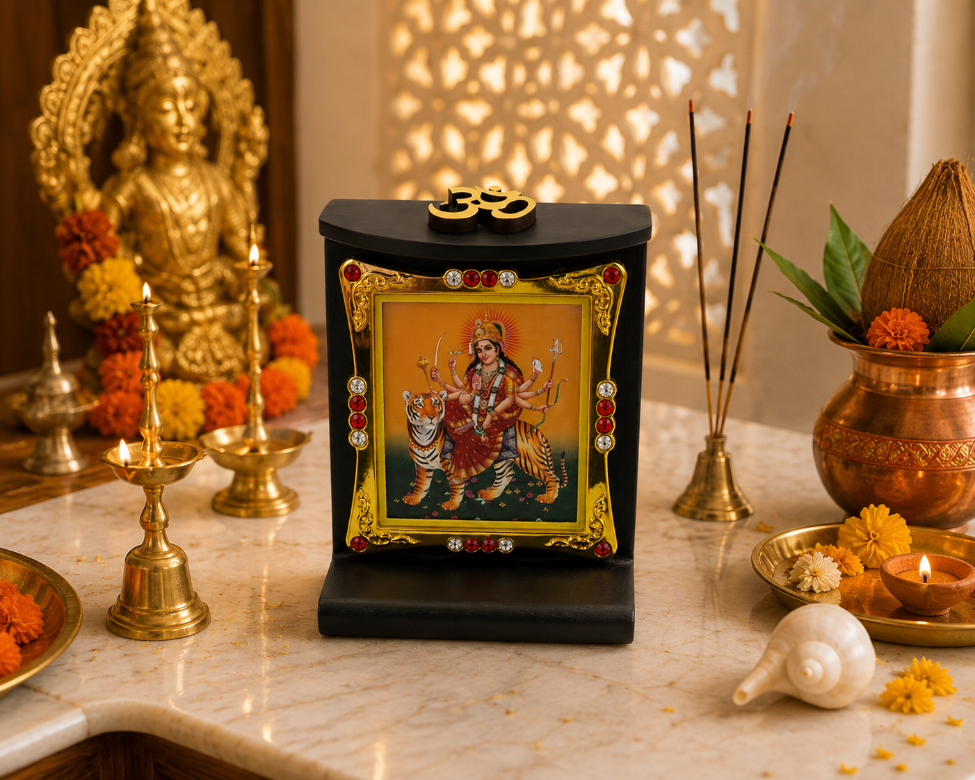 Durga Ma Wooden Photo Frame with Om Symbol 8x6cm Mandir Temple Home Office Decor