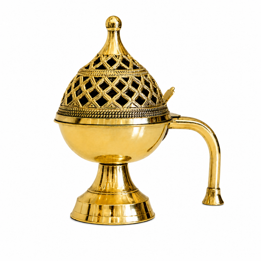 Brass Dhuna Loban Burner with Handle 19x16cm Dhoop Dani for Puja Hawan Worship