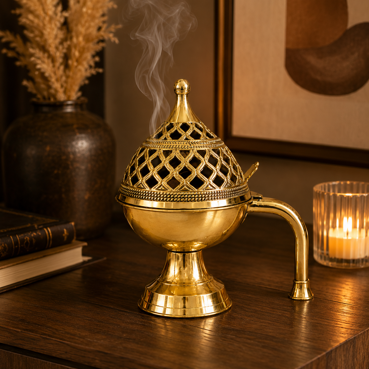 Brass Dhuna Loban Burner with Handle 19x16cm Dhoop Dani for Puja Hawan Worship