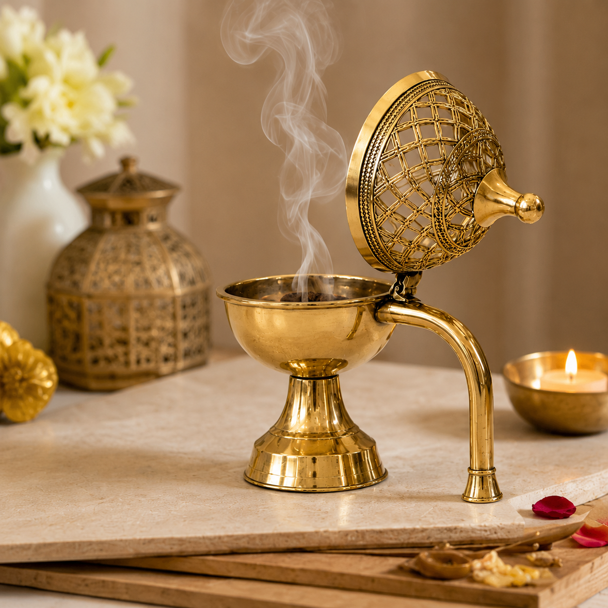 Brass Dhuna Loban Burner with Handle 19x16cm Dhoop Dani for Puja Hawan Worship