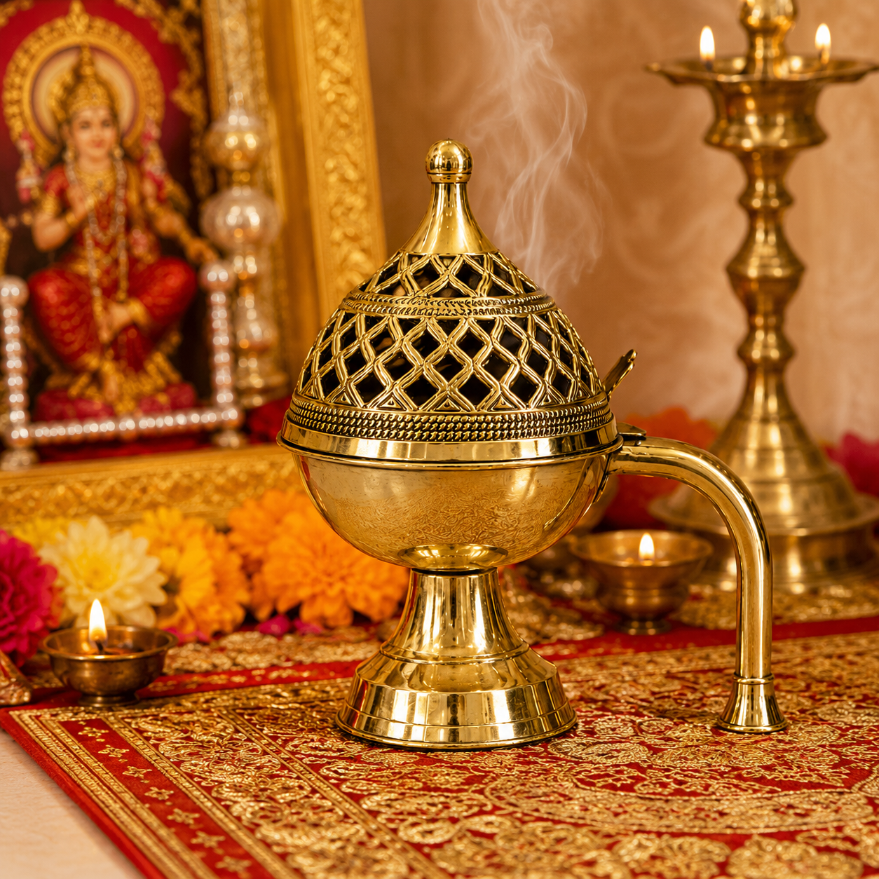 Brass Dhuna Loban Burner with Handle 19x16cm Dhoop Dani for Puja Hawan Worship
