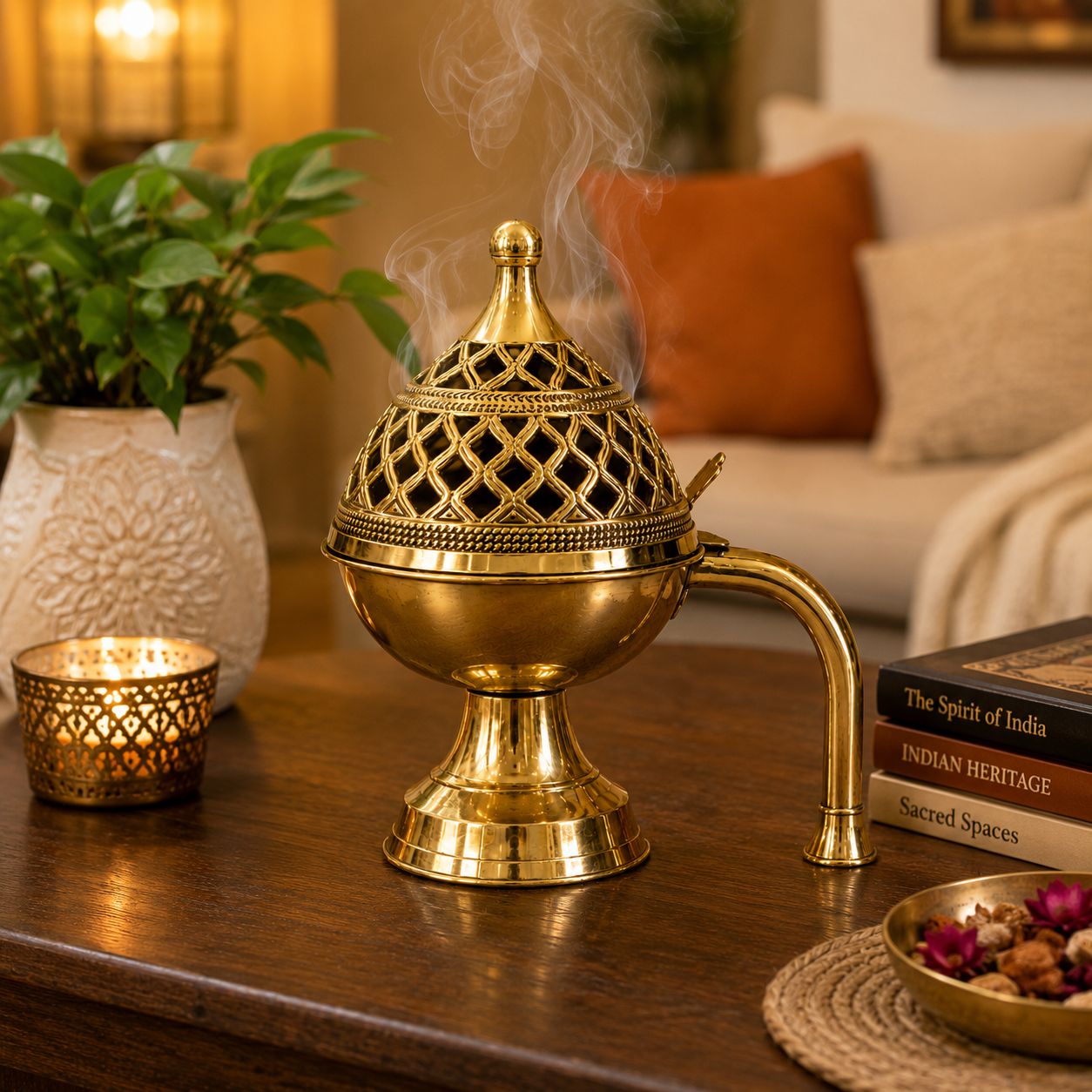 Brass Dhuna Loban Burner with Handle 19x16cm Dhoop Dani for Puja Hawan Worship