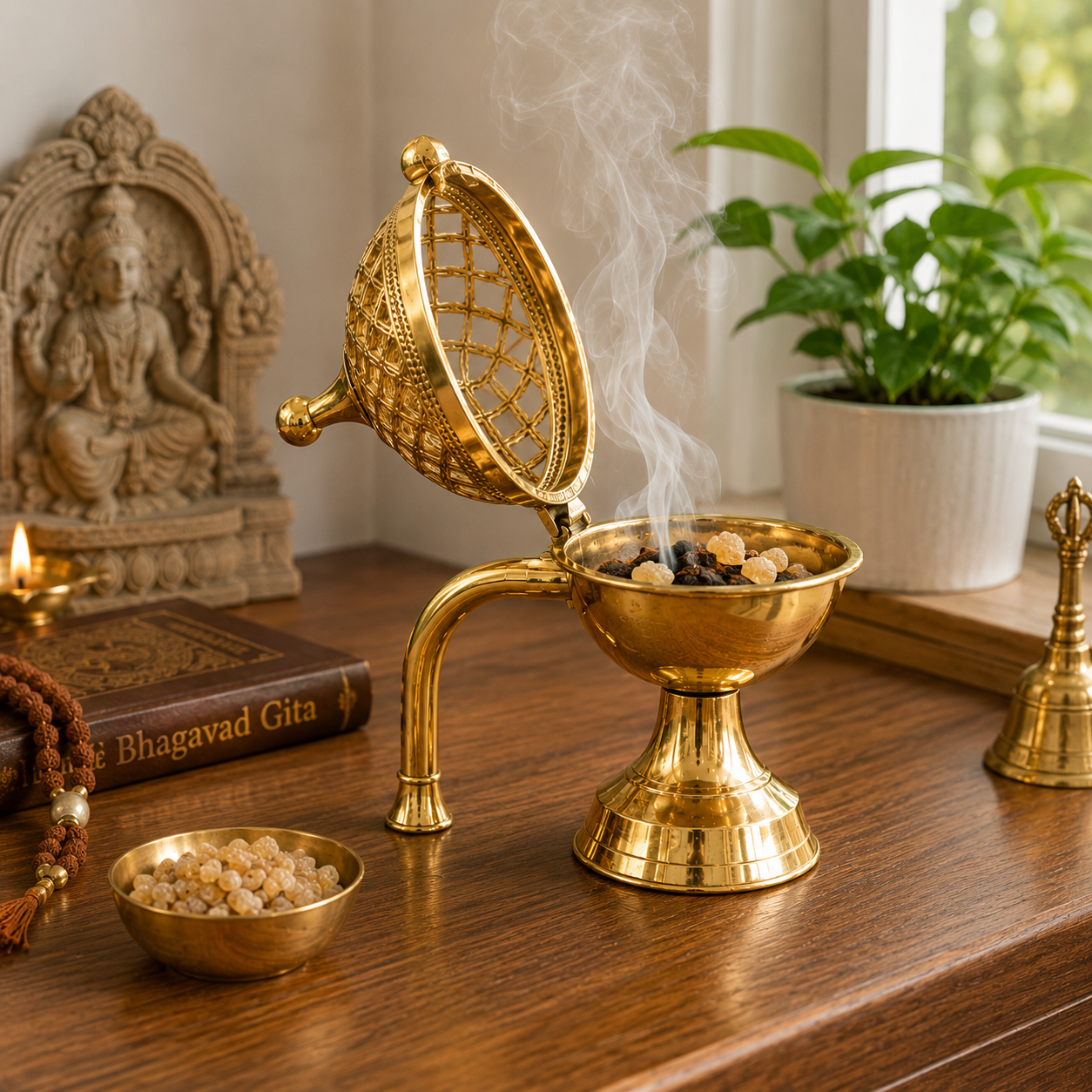 Brass Dhuna Loban Burner with Handle 19x16cm Dhoop Dani for Puja Hawan Worship