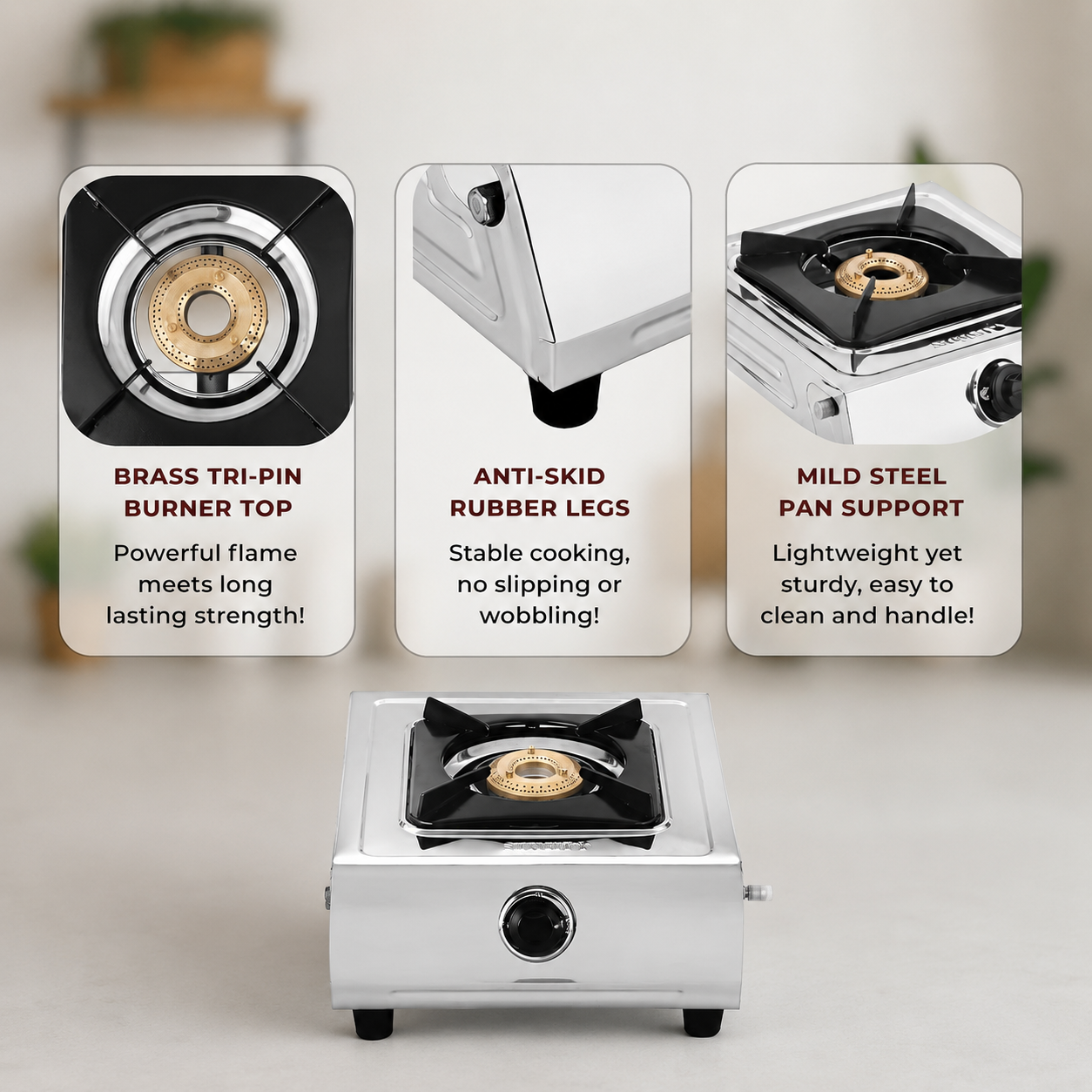 Single Burner LPG Gas Stove Stainless Steel Brass Burner Table Top Heavy Duty