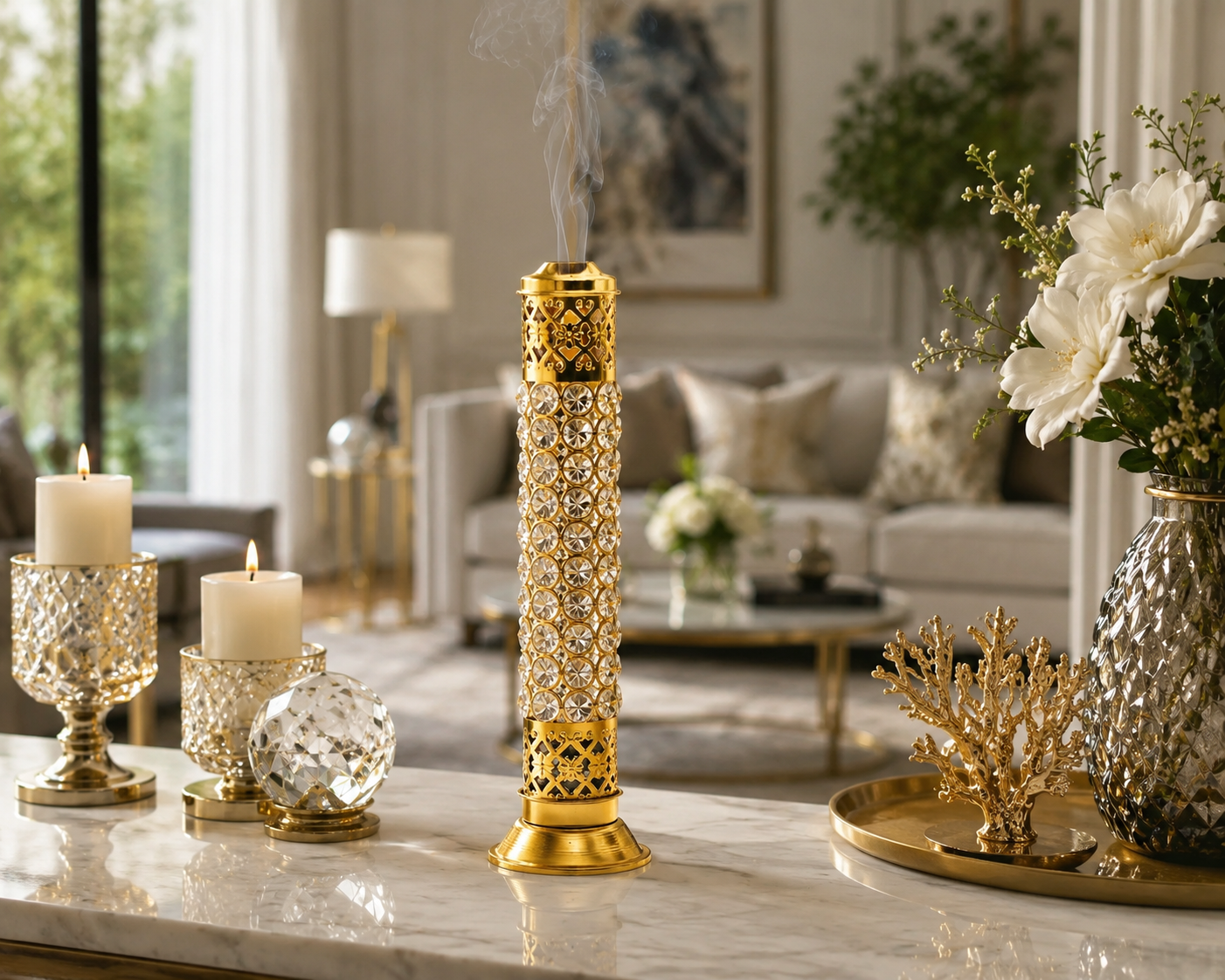 Crystal Diamond Agarbatti Stand 11.5" Gold Incense Stick Holder Ash Catcher