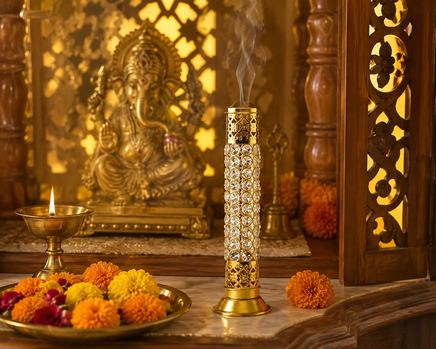 Crystal Diamond Agarbatti Stand 11.5" Gold Incense Stick Holder Ash Catcher