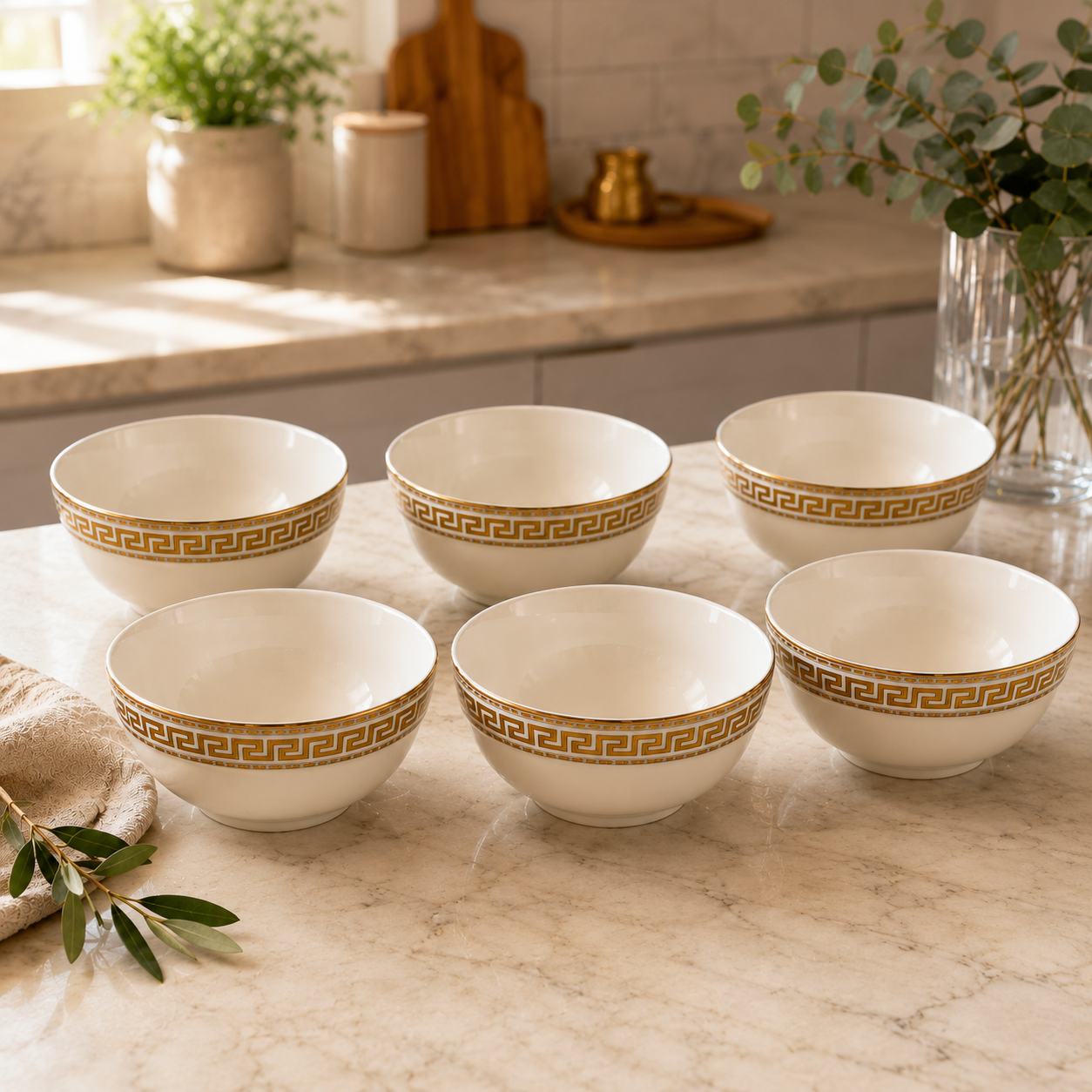 6 x Cream Porcelain Soup Cereal Bowls 13cm Gold Rim Noodle Rice Dessert Bowl Set