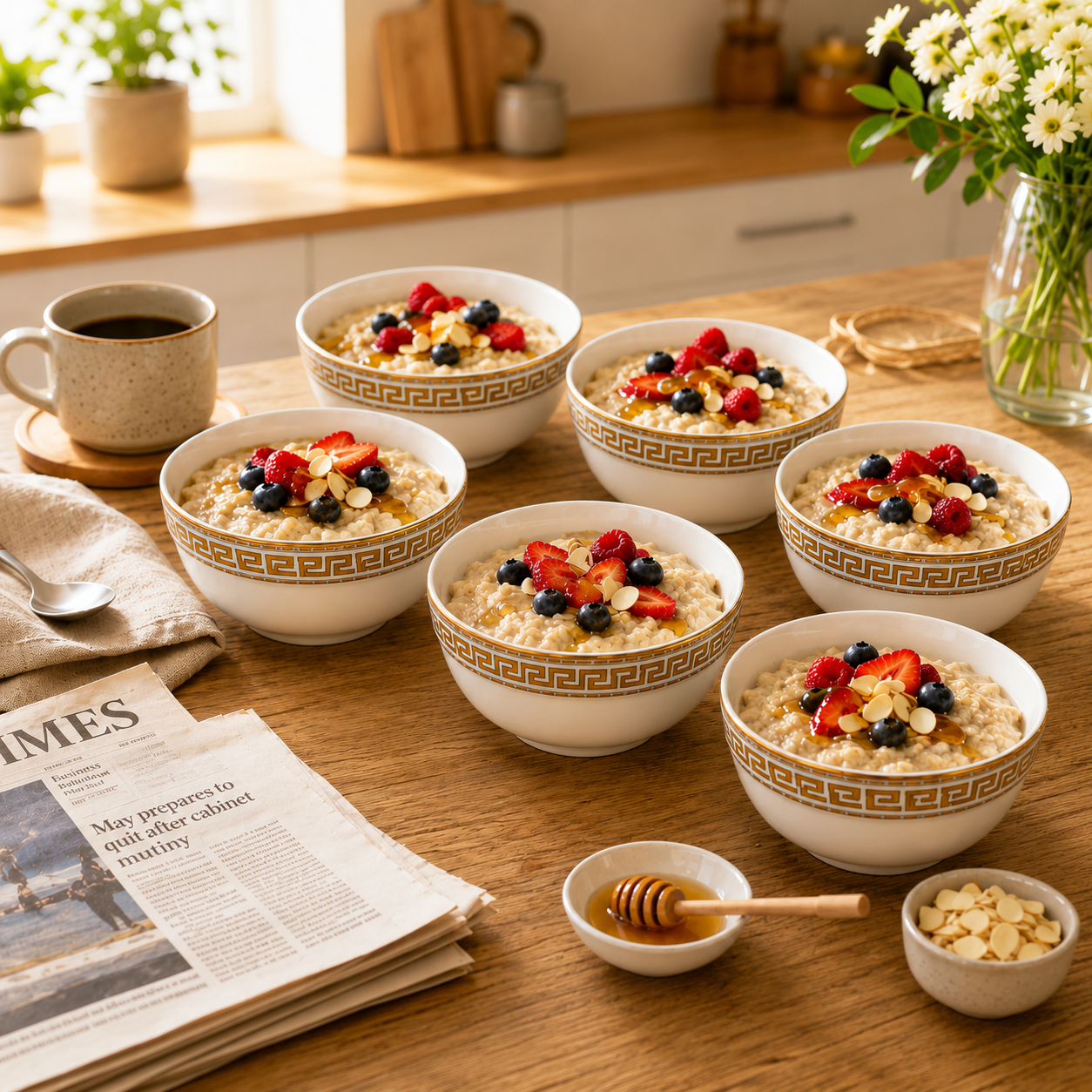 6 x Cream Porcelain Soup Cereal Bowls 13cm Gold Rim Noodle Rice Dessert Bowl Set