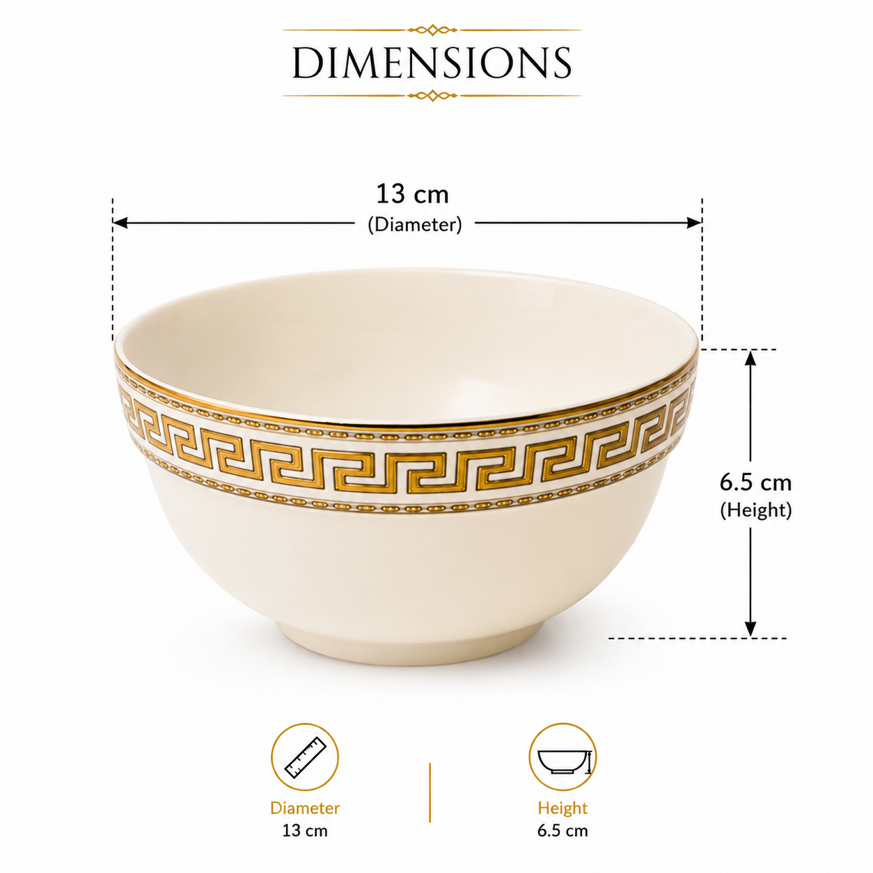 6 x Cream Porcelain Soup Cereal Bowls 13cm Gold Rim Noodle Rice Dessert Bowl Set