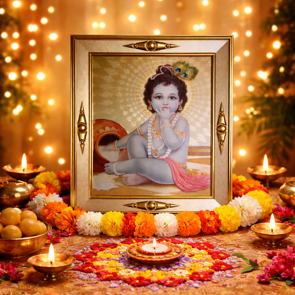 Laddu Gopal Baby Krishna Frame Gold Hindu God Photo Home Mandir Decor 19x17cm