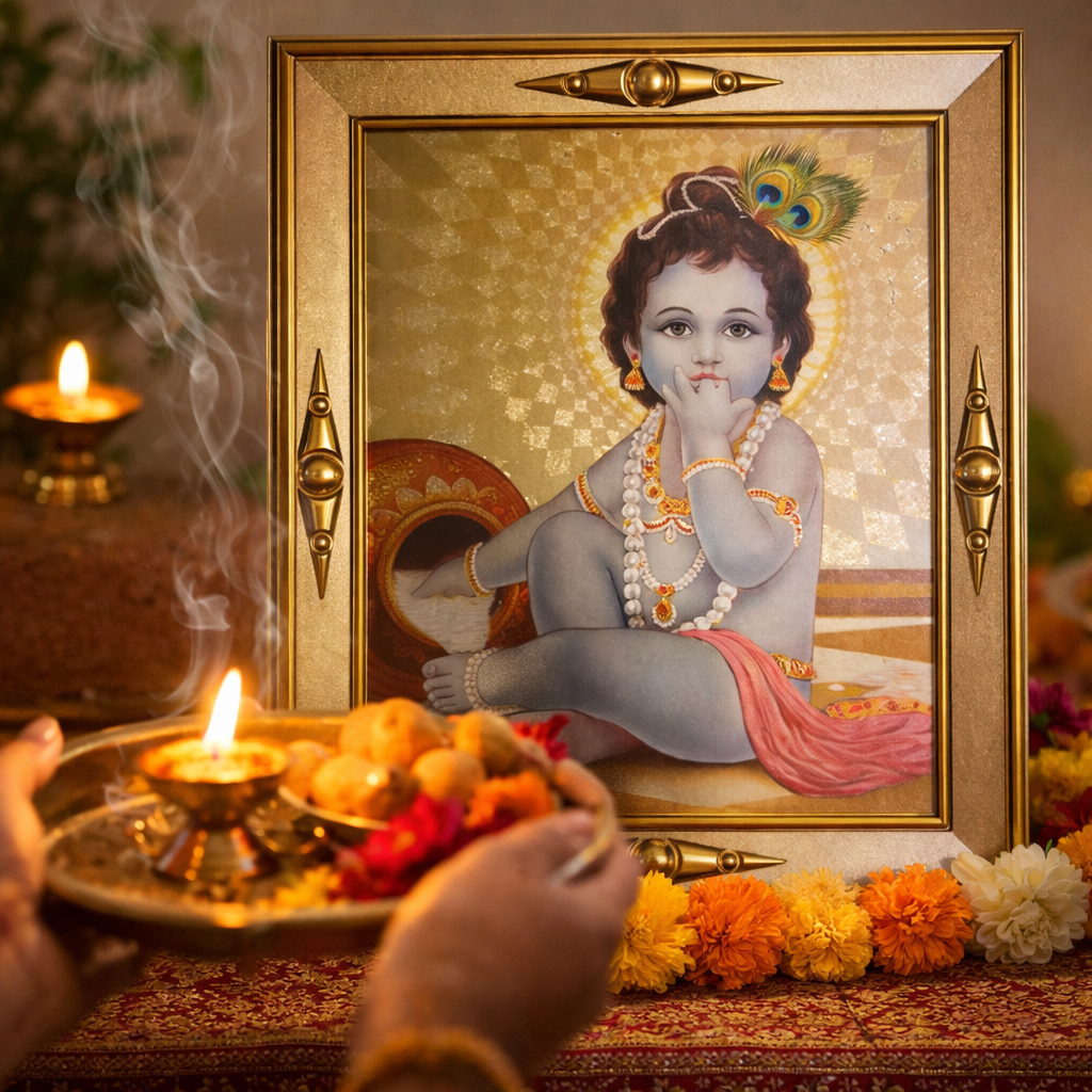 Laddu Gopal Baby Krishna Frame Gold Hindu God Photo Home Mandir Decor 19x17cm