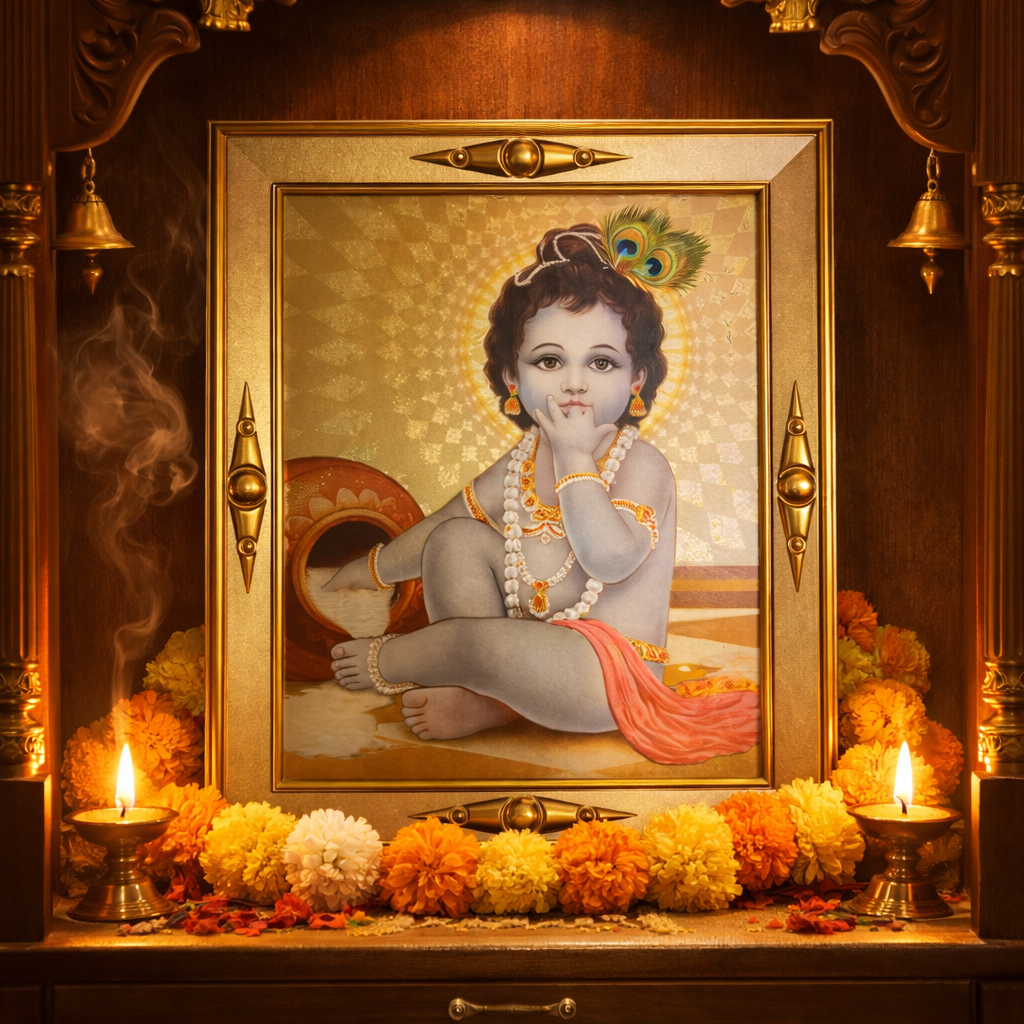 Laddu Gopal Baby Krishna Frame Gold Hindu God Photo Home Mandir Decor 19x17cm