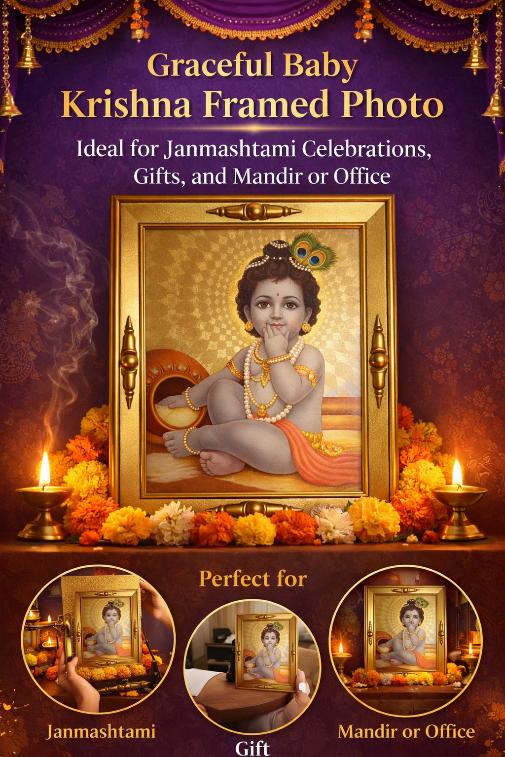 Laddu Gopal Baby Krishna Frame Gold Hindu God Photo Home Mandir Decor 19x17cm