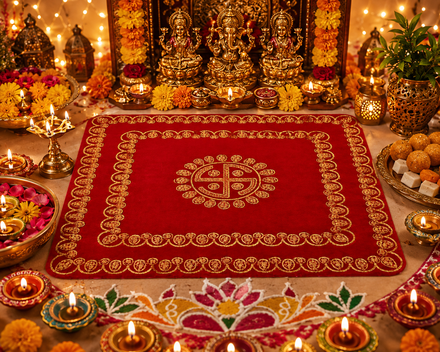 Red Velvet Pooja Aasan Mat 39x38cm Embroidered Mandir Temple Cloth Decor Home