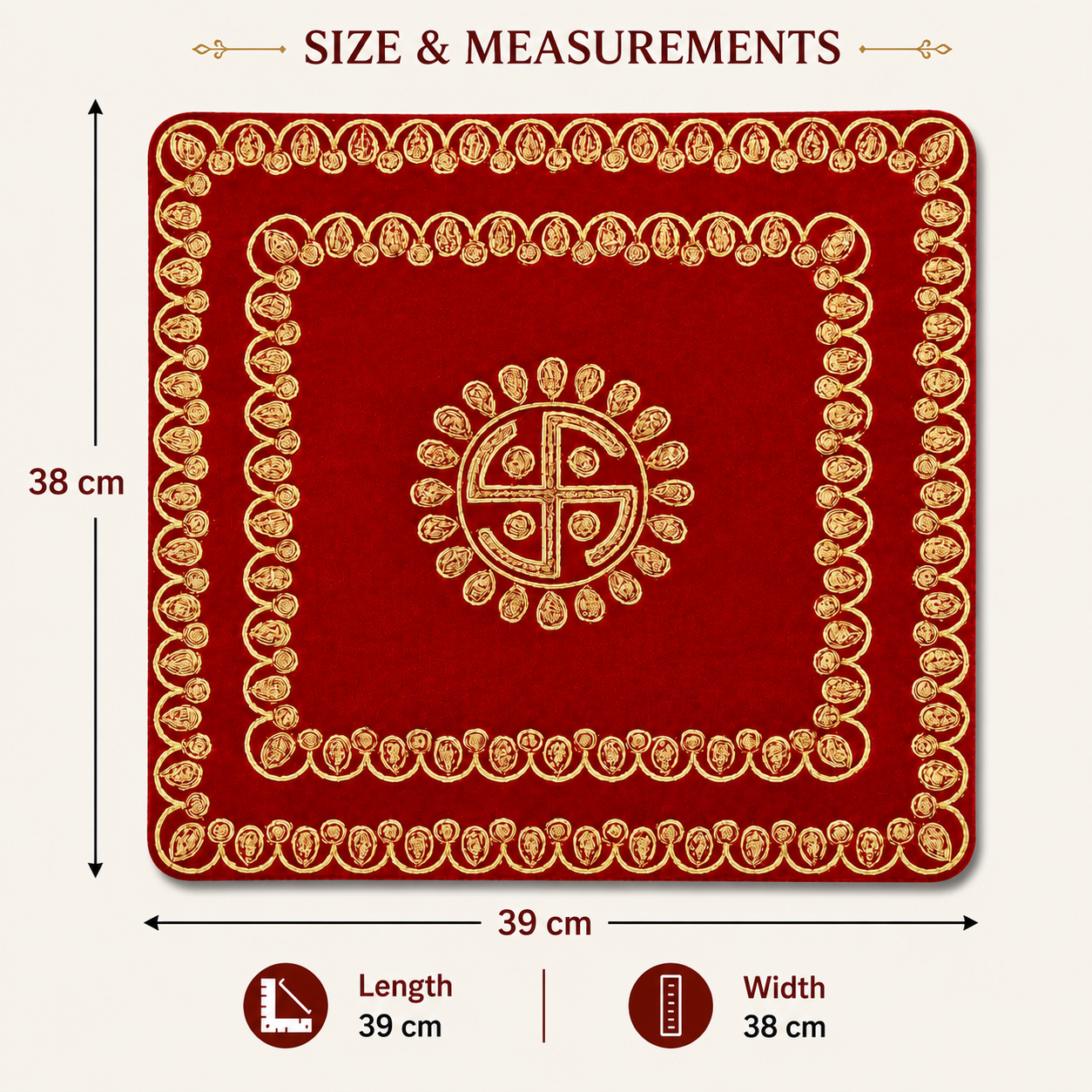 Red Velvet Pooja Aasan Mat 39x38cm Embroidered Mandir Temple Cloth Decor Home