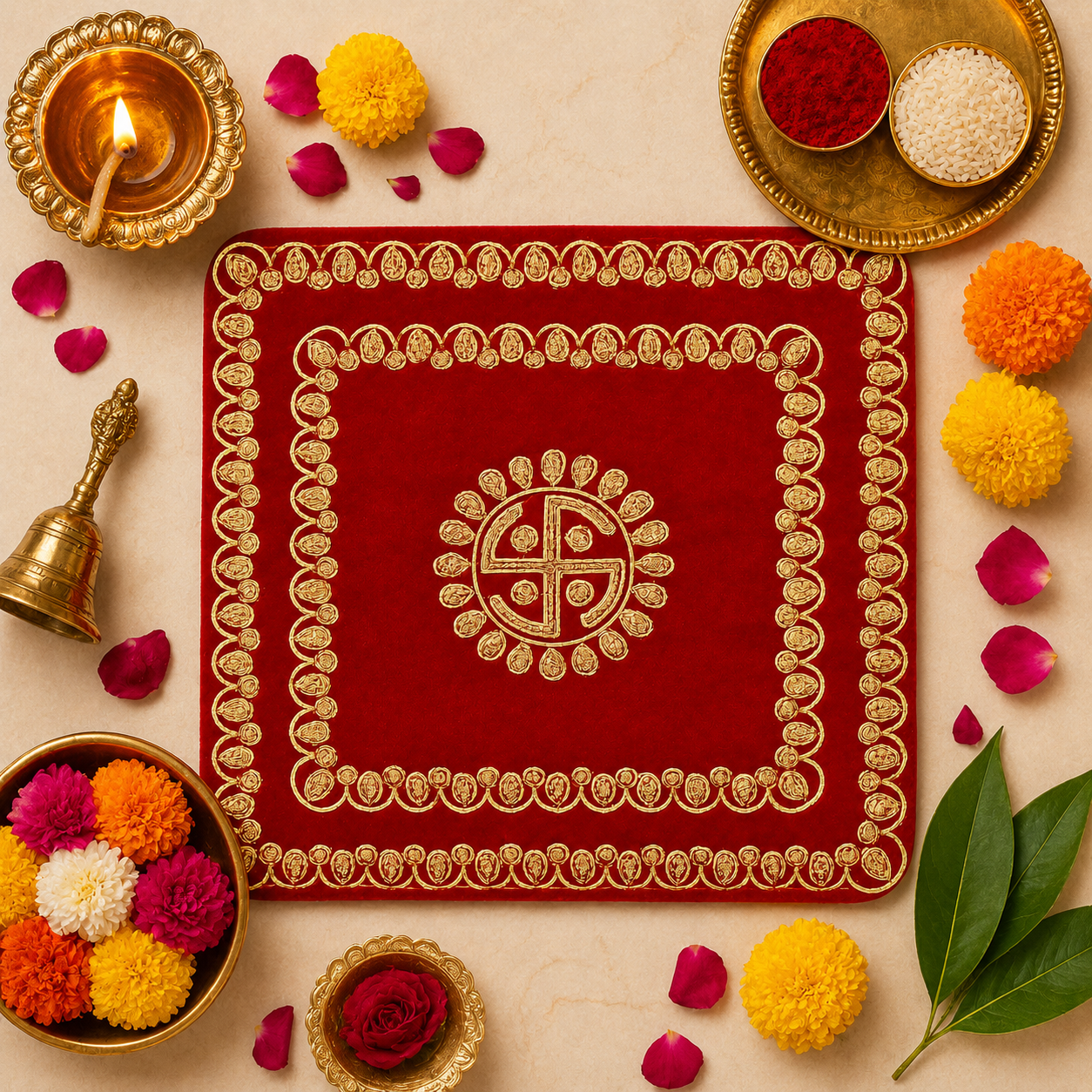 Red Velvet Pooja Aasan Mat 39x38cm Embroidered Mandir Temple Cloth Decor Home