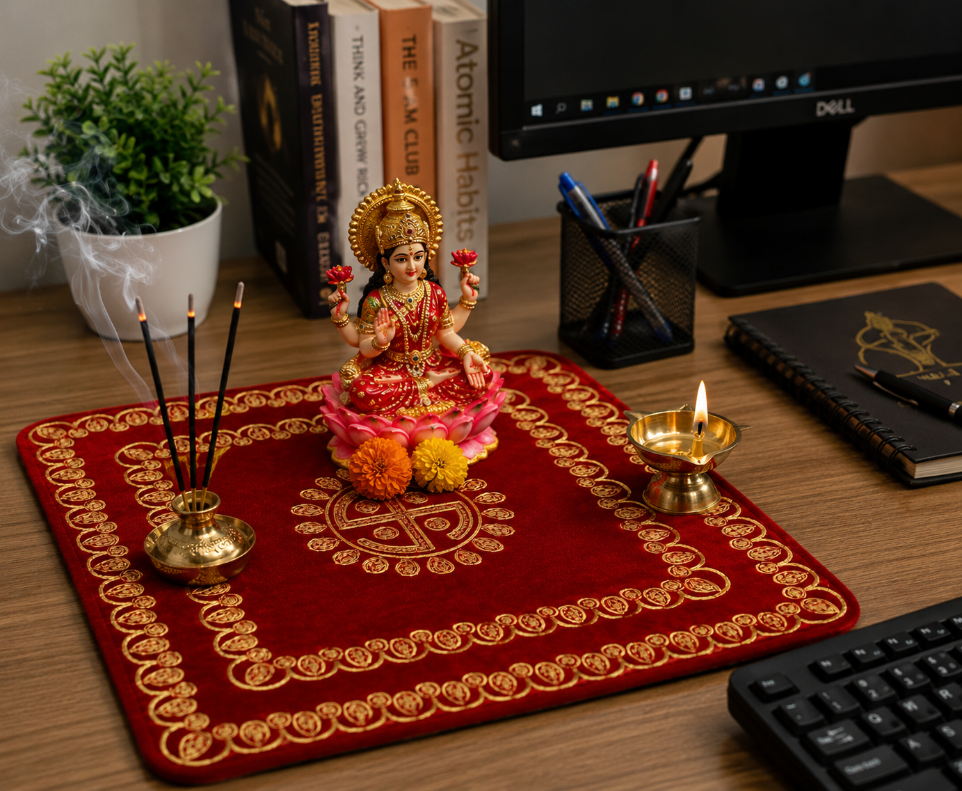 Red Velvet Pooja Aasan Mat 39x38cm Embroidered Mandir Temple Cloth Decor Home
