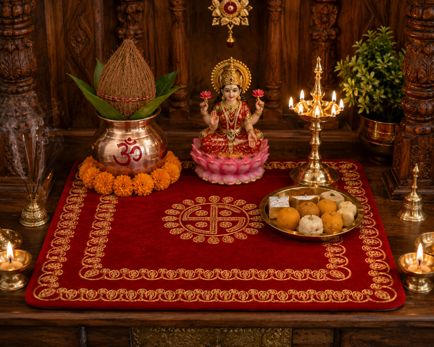 Red Velvet Pooja Aasan Mat 39x38cm Embroidered Mandir Temple Cloth Decor Home