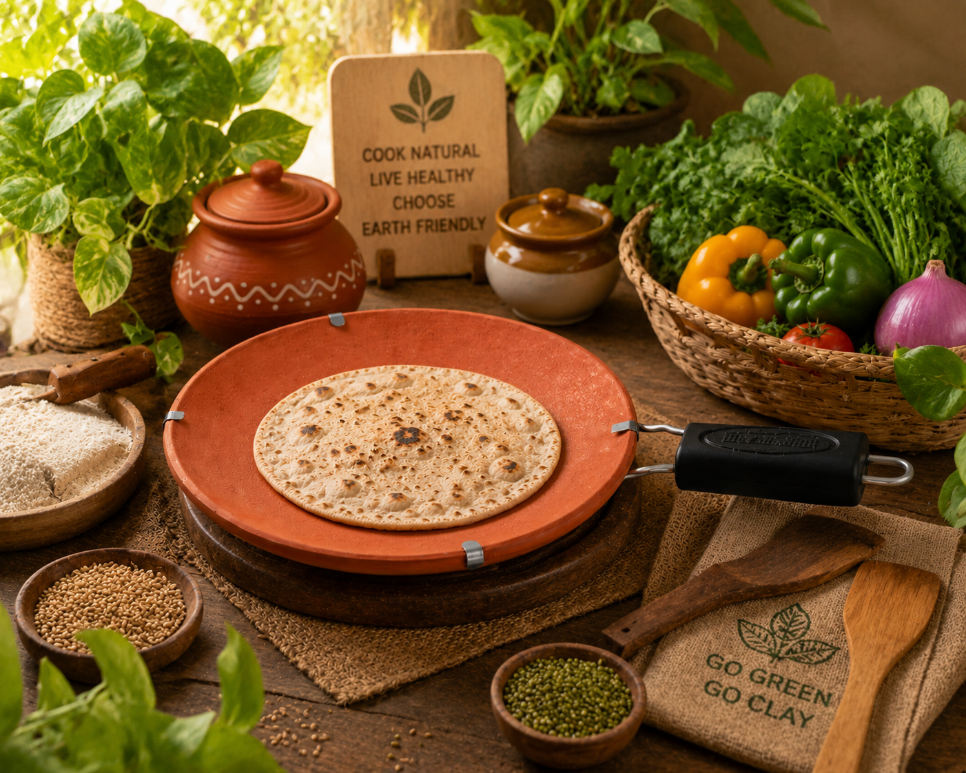 Terracotta Clay Tawa 23cm Roti Chapati Dosa Makki Roti Pan with Handle Cookware