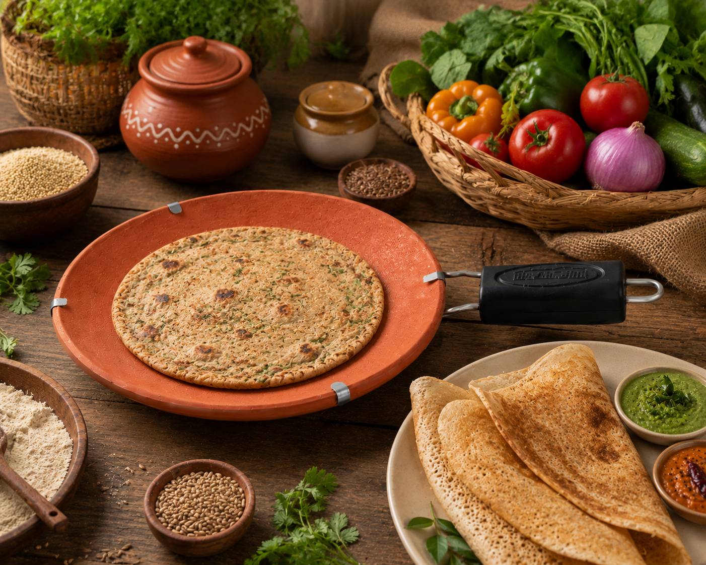 Terracotta Clay Tawa 23cm Roti Chapati Dosa Makki Roti Pan with Handle Cookware