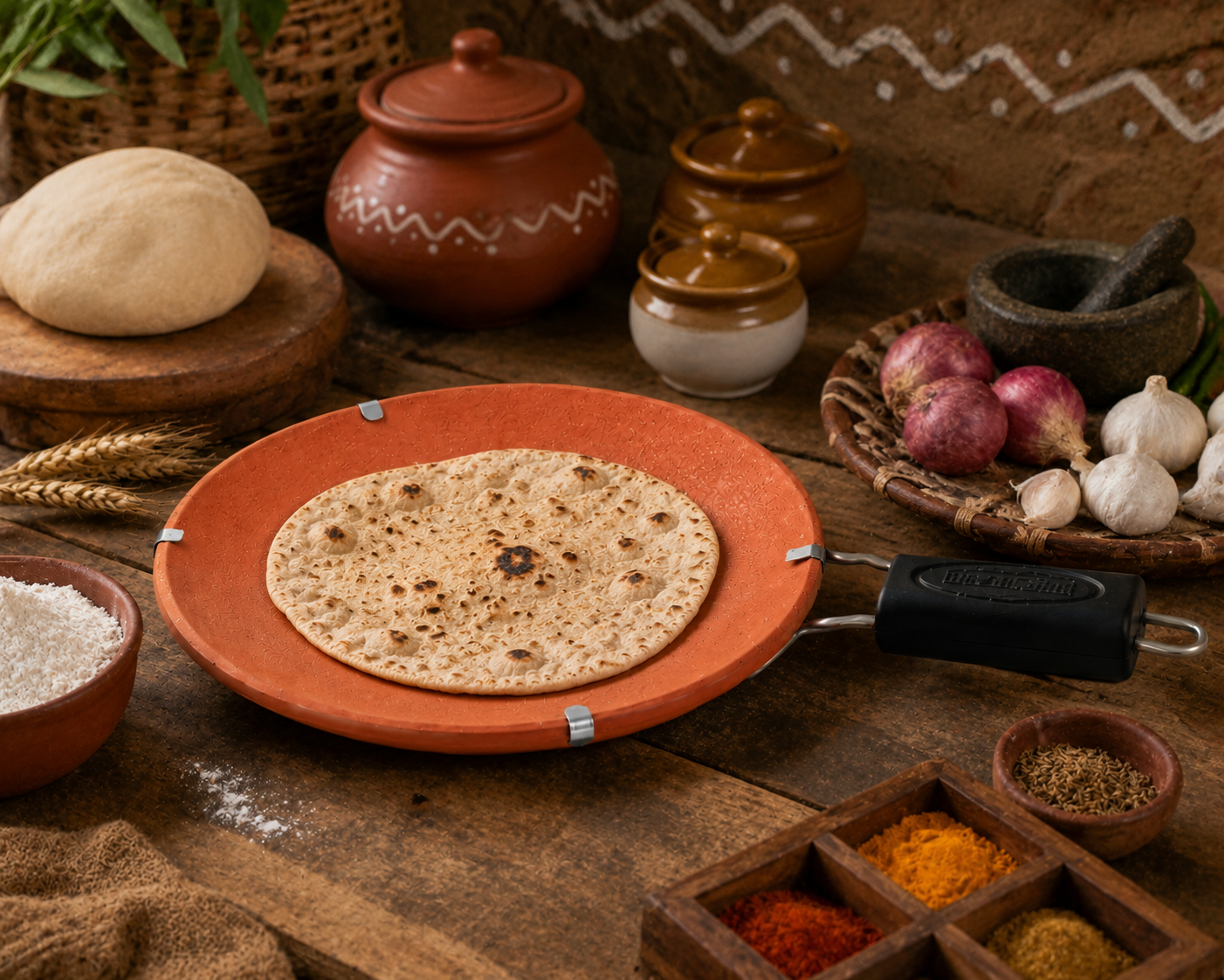 Terracotta Clay Tawa 23cm Roti Chapati Dosa Makki Roti Pan with Handle Cookware