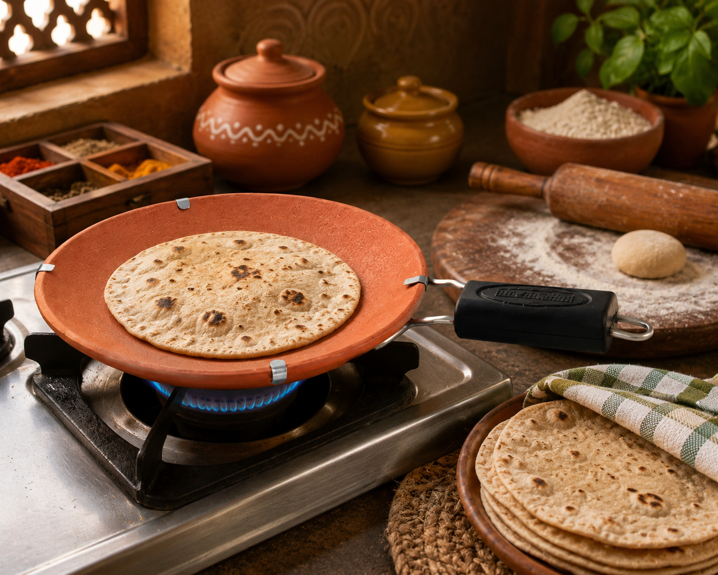Terracotta Clay Tawa 23cm Roti Chapati Dosa Makki Roti Pan with Handle Cookware