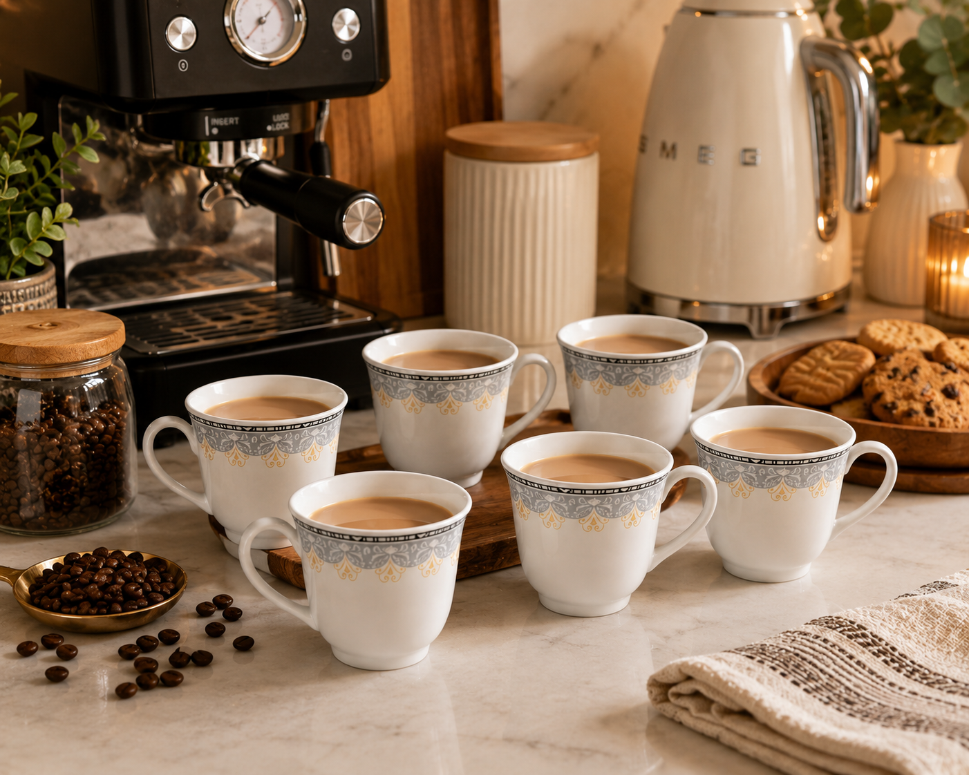 6 x Porcelain Tea Coffee Cups 8.5cm White Gold Grey Mug Set Latte Cappuccino Cup