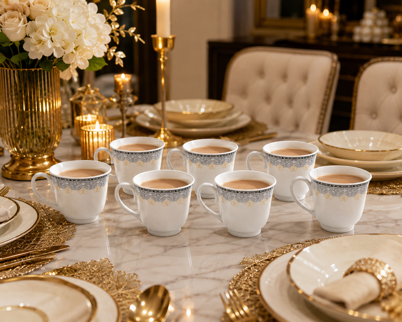 6 x Porcelain Tea Coffee Cups 8.5cm White Gold Grey Mug Set Latte Cappuccino Cup