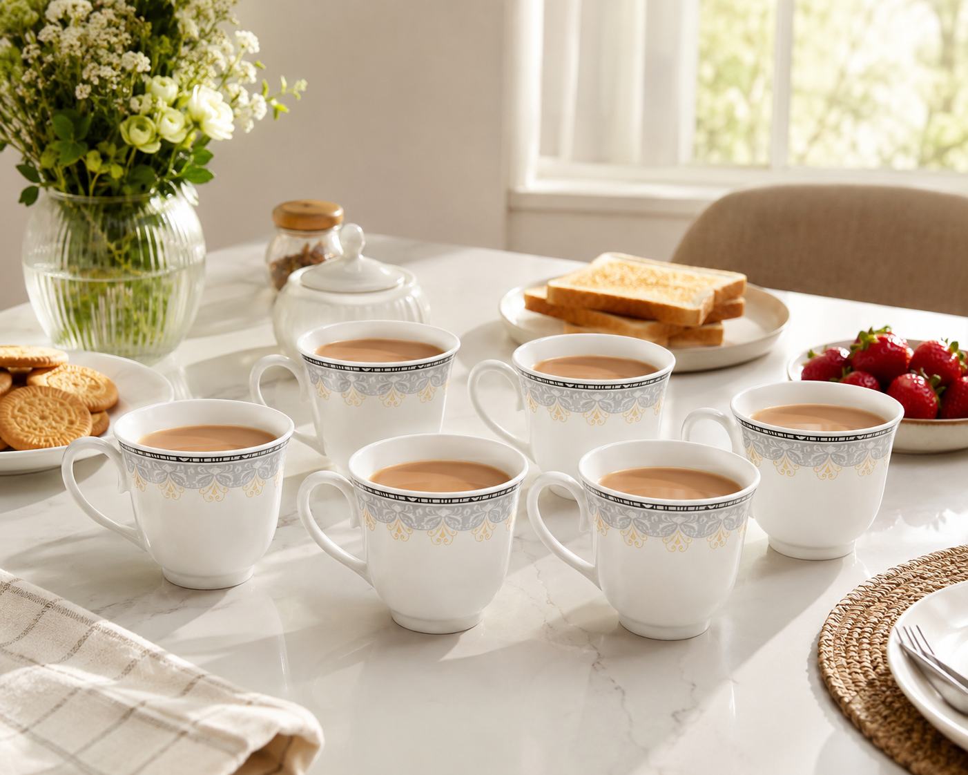 6 x Porcelain Tea Coffee Cups 8.5cm White Gold Grey Mug Set Latte Cappuccino Cup