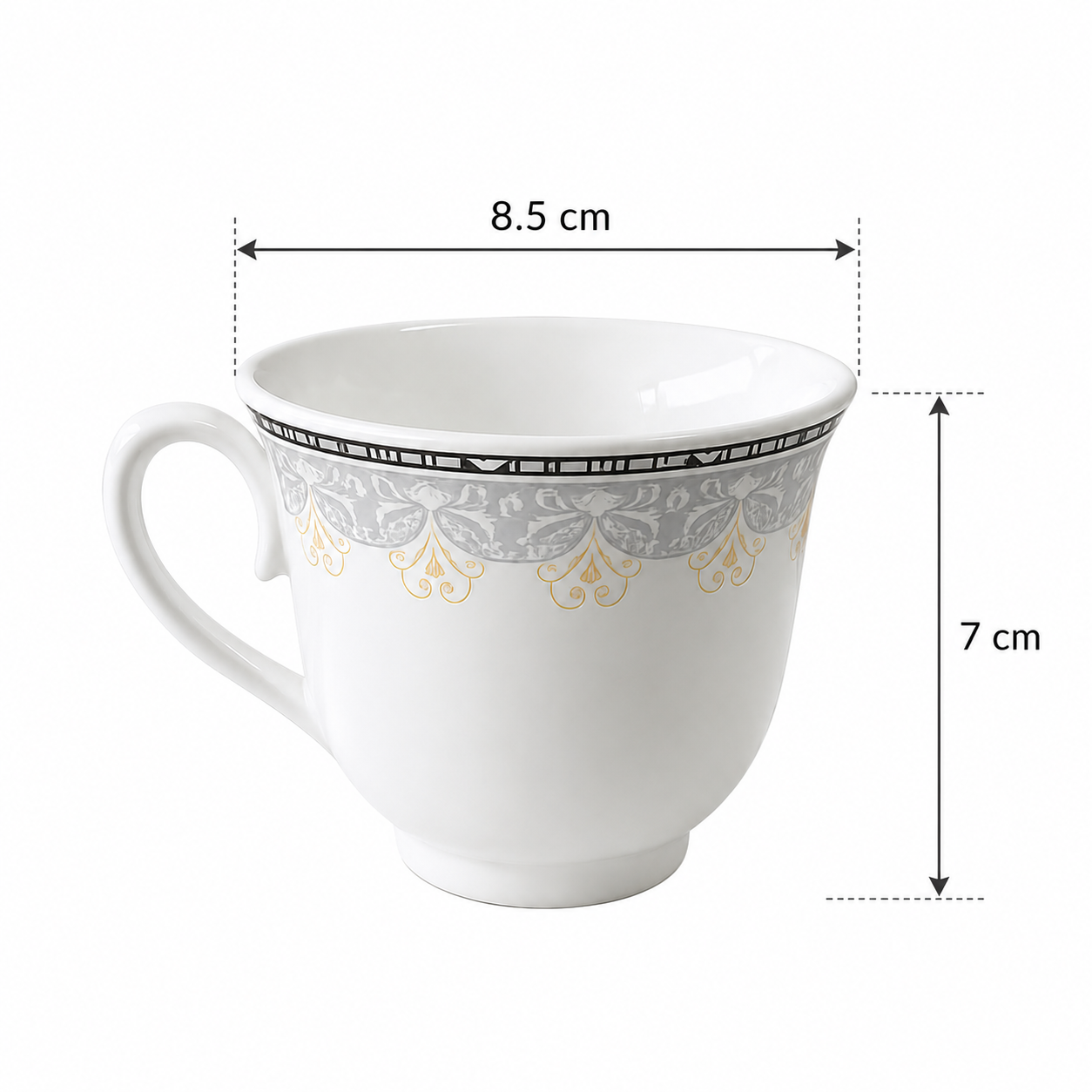 6 x Porcelain Tea Coffee Cups 8.5cm White Gold Grey Mug Set Latte Cappuccino Cup