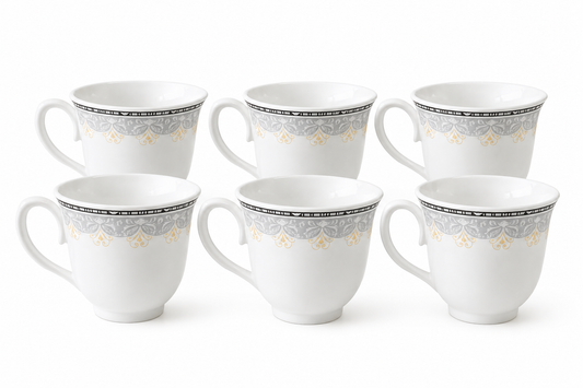 6 x Porcelain Tea Coffee Cups 8.5cm White Gold Grey Mug Set Latte Cappuccino Cup